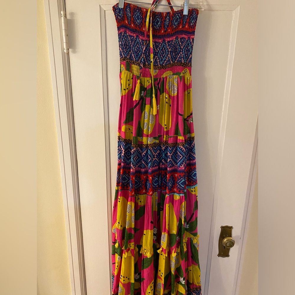 French custom multi print dress, looks like farm Rio